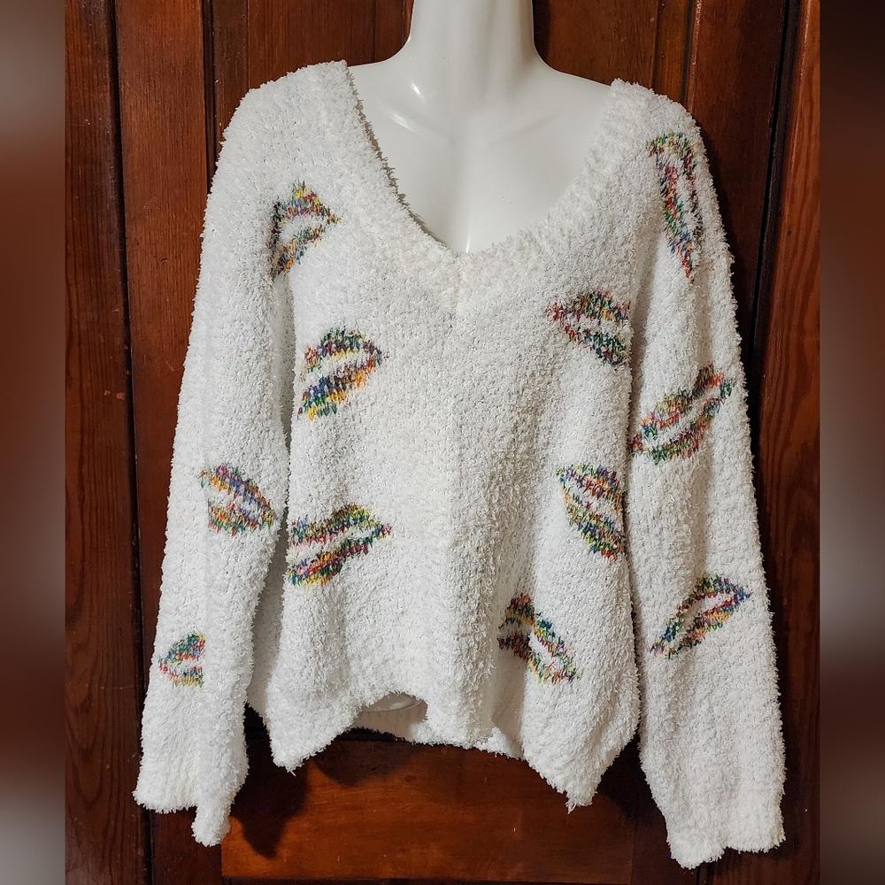 POL White V-Neck Sweater with Colorful Accents